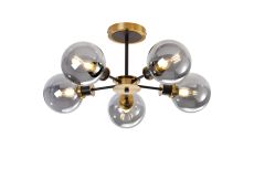 Jestero 52cm Semi Ceiling, 5 Light E14 With 15cm Round Glass Shade, Brass, Smoke Plated & Satin Black