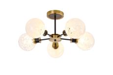 Jestero 52cm Semi Ceiling, 5 Light E14 With 15cm Round Speckled Glass Shade, Brass, White & Satin Black