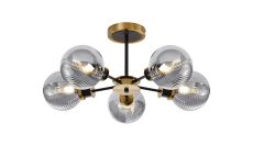 Jestero 52cm Semi Ceiling, 5 Light E14 With 15cm Round Double Textured Smooth / Ribbed Glass Shade, Brass, Smoke Plated & Satin Black