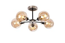 Jestero 52cm Semi Ceiling, 5 Light E14 With 15cm Round Glass Shade, Satin Nickel, Amber Plated & Satin Black