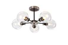 Jestero 52cm Semi Ceiling, 5 Light E14 With 15cm Round Glass Shade, Satin Nickel, Clear & Satin Black