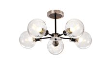 Jestero 52cm Semi Ceiling, 5 Light E14 With 15cm Round Crackled Glass Shade, Satin Nickel, Clear & Satin Black