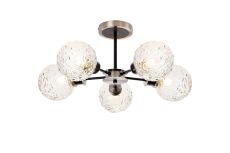 Jestero 52cm Semi Ceiling, 5 Light E14 With 15cm Round Textured Crumple Glass Shade, Satin Nickel, Clear & Satin Black