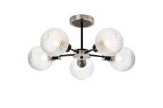 Jestero 52cm Semi Ceiling, 5 Light E14 With 15cm Round Textured Diamond Pattern Glass Shade, Satin Nickel, Clear & Satin Black