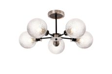 Jestero 52cm Semi Ceiling, 5 Light E14 With 15cm Round Dimpled Glass Shade, Satin Nickel, Clear & Satin Black