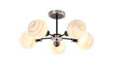 Jestero 52cm Semi Ceiling, 5 Light E14 With 15cm Round White & Grey Marble Effect Glass Shade, Satin Nickel & Satin Black Framework