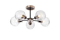 Jestero 52cm Semi Ceiling, 5 Light E14 With 15cm Round Textured Melting Glass Shade, Satin Nickel, Clear & Satin Black