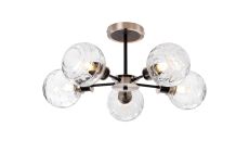 Jestero 52cm Semi Ceiling, 5 Light E14 With 15cm Round Textured Melting Glass Shade, Satin Nickel, Clear & Satin Black