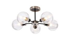 Jestero 52cm Semi Ceiling, 5 Light E14 With 15cm Round Ribbed Glass Shade, Satin Nickel, Clear & Satin Black