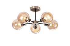 Jestero 52cm Semi Ceiling, 5 Light E14 With 15cm Round Segment Glass Shade, Satin Nickel, Amber Plated & Satin Black