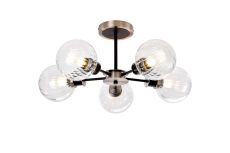 Jestero 52cm Semi Ceiling, 5 Light E14 With 15cm Round Segment Glass Shade, Satin Nickel, Clear & Satin Black