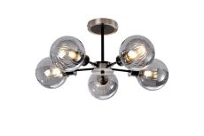Jestero 52cm Semi Ceiling, 5 Light E14 With 15cm Round Segment Glass Shade, Satin Nickel, Smoke Plated & Satin Black