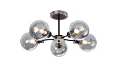 Jestero 52cm Semi Ceiling, 5 Light E14 With 15cm Round Glass Shade, Satin Nickel, Smoke Plated & Satin Black