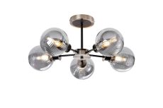 Jestero 52cm Semi Ceiling, 5 Light E14 With 15cm Round Double Textured Smooth / Ribbed Glass Shade, Satin Nickel, Smoke Plated & Satin Black