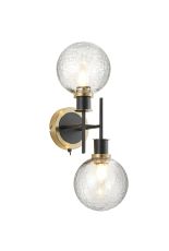 Jestero Switched Wall Light, 2 Light E14 With 15cm Round Crackled Glass Shade, Brass, Clear & Satin Black