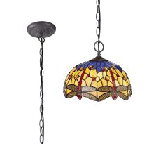 Girolamo 2 Light Downlighter Pendant E27 With 30cm Tiffany Shade, Blue/Orange/Crystal/Aged Antique Brass