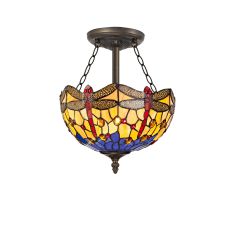 Girolamo 3 Light Semi Flush E27 With 30cm Tiffany Shade, Blue/Orange/Crystal/Aged Antique Brass