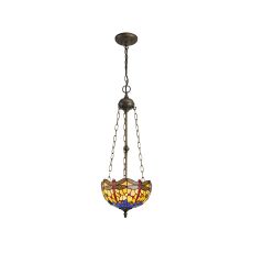 Girolamo 3 Light Uplighter Pendant E27 With 30cm Tiffany Shade, Blue/Orange/Crystal/Aged Antique Brass