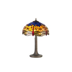 Girolamo 2 Light Tree Like Table Lamp E27 With 40cm Tiffany Shade, Blue/Orange/Crystal/Aged Antique Brass