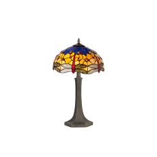 Girolamo 2 Light Octagonal Table Lamp E27 With 40cm Tiffany Shade, Blue/Orange/Crystal/Aged Antique Brass