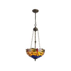 Girolamo 41cm 3 Light Uplighter Pendant E27 With 40cm Tiffany Shade, Blue/Orange/Crystal/Aged Antique Brass