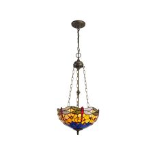 Girolamo 3 Light Uplighter Pendant E27 With 40cm Tiffany Shade, Blue/Orange/Crystal/Aged Antique Brass