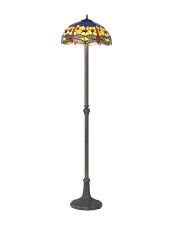 Girolamo 2 Light Leaf Design Floor Lamp E27 With 40cm Tiffany Shade, Blue/Orange/Crystal/Aged Antique Brass