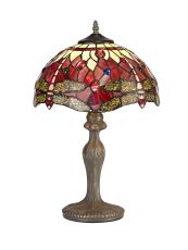Girolamo 1 Light Curved Table Lamp E27 With 30cm Tiffany Shade, Purple/Pink/Crystal/Aged Antique Brass
