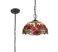 Girolamo 3 Light Downlighter Pendant E27 With 30cm Tiffany Shade, Purple/Pink/Crystal/Aged Antique Brass