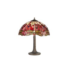 Girolamo 2 Light Tree Like Table Lamp E27 With 40cm Tiffany Shade, Purple/Pink/Crystal/Aged Antique Brass