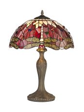 Girolamo 2 Light Curved Table Lamp E27 With 40cm Tiffany Shade, Purple/Pink/Crystal/Aged Antique Brass