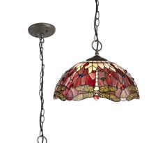 Girolamo 3 Light Downlighter Pendant E27 With 40cm Tiffany Shade, Purple/Pink/Crystal/Aged Antique Brass