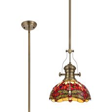 Girolamo 1 Light Pendant E27 With 30cm Tiffany Shade, Antique Brass/Purple/Pink/Crystal