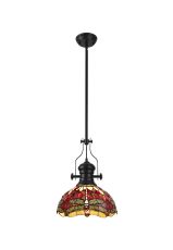 Girolamo 1 Light Pendant E27 With 30cm Tiffany Shade, Matt Black/Purple/Pink/Crystal