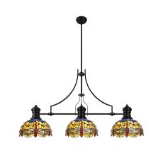 Girolamo 3 Light Linear Pendant E27 With 30cm Tiffany Shade, Matt Black, Blue, Orange, Crystal