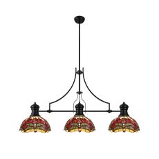 Girolamo 3 Light Linear Pendant E27 With 30cm Tiffany Shade, Matt Black, Purple, Pink, Crystal