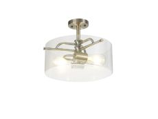 Lago 35cm Semi Flush Ceiling, 2 Light E27, Antique Brass / Clear Glass