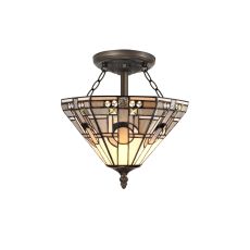 Kiddily 2 Light E27 Semi Flush With Tiffany Shade 30cm Shade, White/Grey/Black/Clear Crystal/Aged Antique Brass