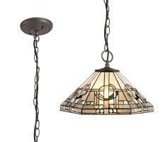 Kiddily 3 Light Downlighter Pendant E27 With 40cm Tiffany Shade, White/Grey/Black/Clear Crystal/Aged Antique Brass