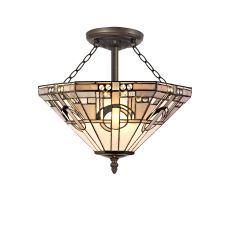 Kiddily 3 Light E27 Semi Flush With Tiffany Shade 40cm Shade, White/Grey/Black/Clear Crystal/Aged Antique Brass