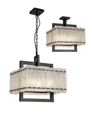 Lobster Large Square Pendant/Semi Flush, 5 Light E27, Matt Black/Crystal Sand Glass