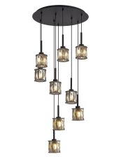 Acacia 50cm 9 Light G9 2.5m Round Multiple Pendant Satin Black / Smoke Crystal Shade