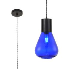 Odeyscene 23cm Narrow Pendant, 1 x E27, Satin Black/Blue Ink Glass