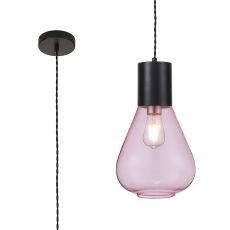 Odeyscene 23cm Narrow Pendant, 1 x E27, Satin Black/Pink Glass