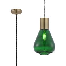 Odeyscene 23cm Narrow Pendant, 1 x E27, Antique Brass/Bottle Green Glass