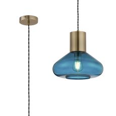 Odeyscene 31cm Wide Pendant, 1 x E27, Antique Brass/Teal Blue Glass