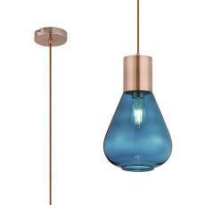 Odeyscene 23cm Narrow Pendant, 1 x E27, Antique Copper/Teal Blue Glass