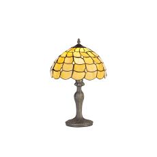 Pacemenu 1 Light Curved Table Lamp E27 With 30cm Tiffany Shade, Beige/Clear Crystal/Aged Antique Brass