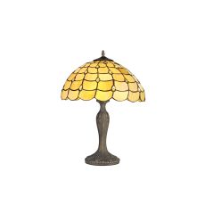 Pacemenu 2 Light Curved Table Lamp E27 With 40cm Tiffany Shade, Beige/Clear Crystal/Aged Antique Brass