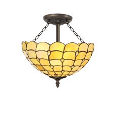 Pacemenu 3 Light Semi Flush E27 With 40cm Tiffany Shade, Beige/Clear Crystal/Aged Antique Brass